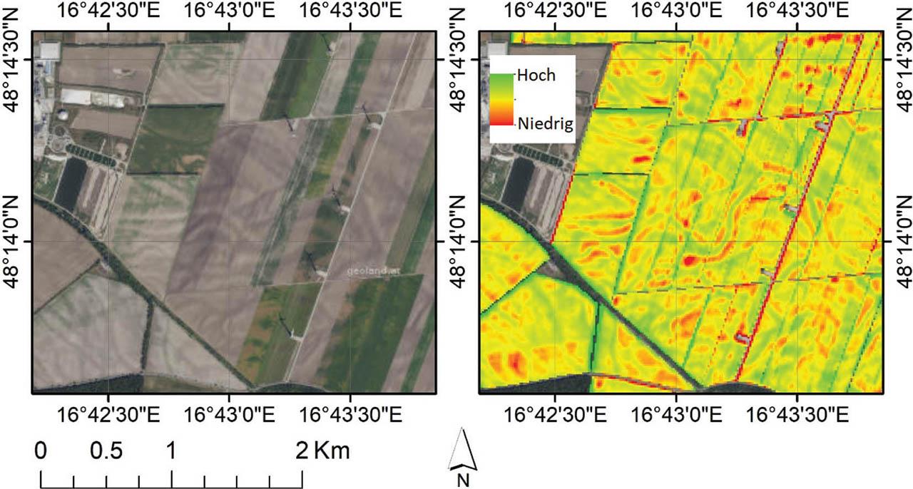 Vergleich zwischen der Produktivitätskarte (rechts) und einem hochaufgelösten Geoland-Basemap-Orthofoto (RGB, Echtfarbe) (links) in einem landwirtschaftlich genutzten Gebiet im Marchfeld.Figure 5. Comparison between the productivity map (right) and a high-resolution Geoland Basemap orthophoto (RGB, true color) (left) in an agricultural area in Marchfeld.
