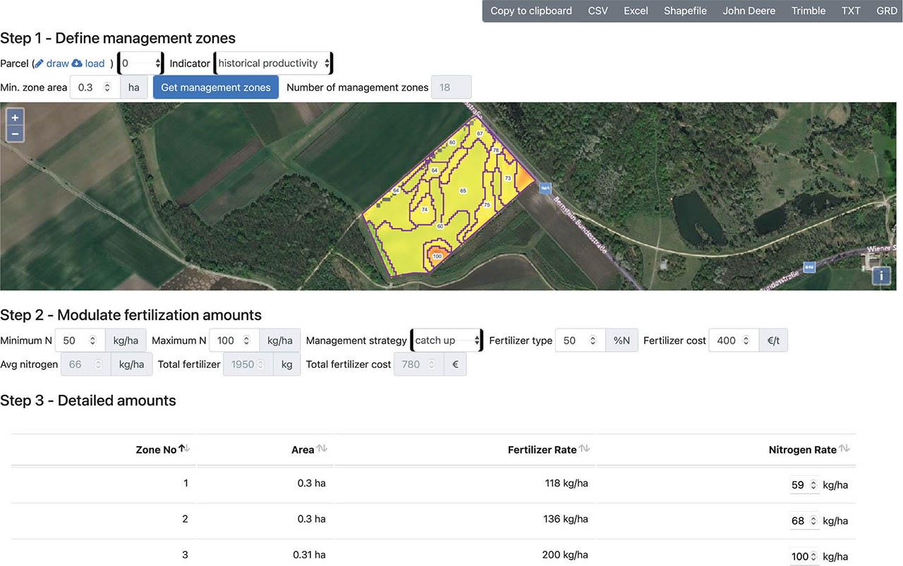 Auszug aus der Online-Anwendung für die Kartenerstellung für die teilflächenspezifische N-Düngung.Figure 7. Screenshot of the online application for the creation of maps for variable-rate nitrogen fertilisation.