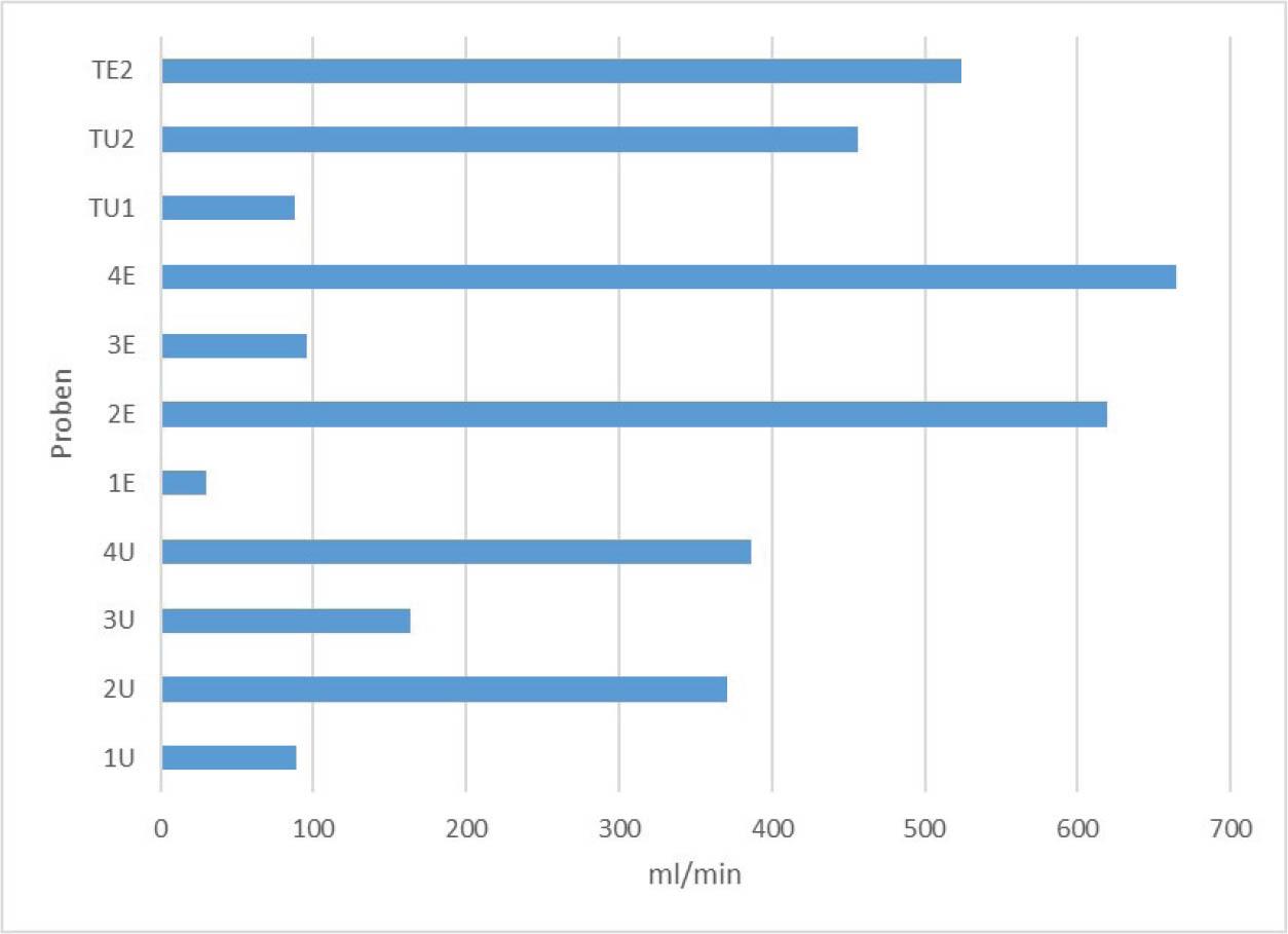 Mittelwertdarstellung der maximalen Filtrierbarkeit1. Hefe + Nährstoffe + Vitamin B, 2. Hefe + Nährstoffe + Vitamine B + Lallzyme C-MAX™ + Lallzyme P1 + Lallzmye P2, 3. Hefe + Nährstoffe + Vitamine B + Lallzyme P2, 4. Hefe + Nährstoffe + Vitamine B + Lallzyme C-MAX™ + Lallzyme P1, U = unerhitzt, E = erhitzt, A, B, C = Wiederholung, T = TankFigure 5. Mean value representation of the maximum filtration capacity (Indication in ml/min).1. Yeast + Nutrients + Vitamin B, 2. Yeast + Nutrients + Vitamins B + Lallzyme C-MAX™ + Lallzyme P1 + Lallzmye P2, 3. Yeast + Nutrients + Vitamins B + Lallzyme P2, 4. Yeast + Nutrients + Vitamins B + Lallzyme C-MAX™ + Lallzyme P1, U = unheated, E = heated, A, B, C = repeat, T = tank.