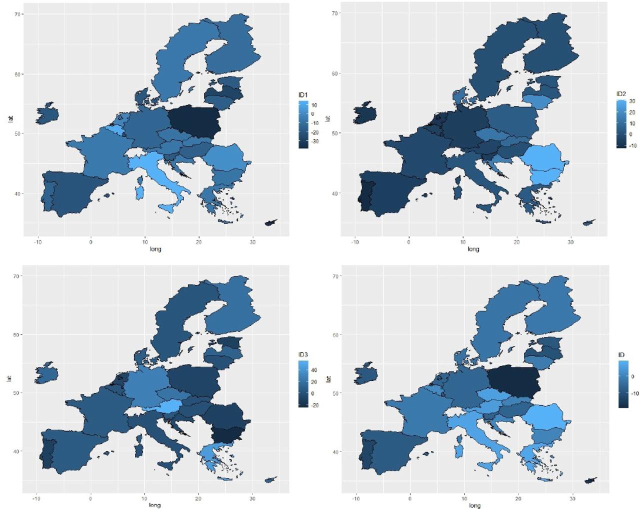 Map of Changes in the EU Socio-economic Development Indicators Against the Background of the War in Ukraine (February–September 2022)Note. ID1, integral index of economy and environment; ID2, integral index of business and trade; ID3, integral index of people and work; ID, complex index of socio-economic developmentSource: Formed by the authors