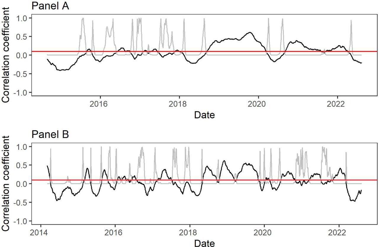 Dynamic Kendall correlation between Bitcoin and MSCI Emerging Markets Index using R/S at different lengths of the rolling window: 251 (Panel A), 126 (Panel B)Note: Black and grey lines indicate correlation coefficients and p-values, respectively. The horizontal red line means p-values at 10%. Rolling window sizes are 251 (Panel A) and 126 Hurst exponents (Panel B). The date corresponds to the endpoints of the sliding windows for the correlation coefficient. Source: Own work