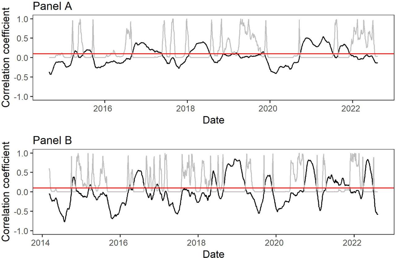 Dynamic correlation between Bitcoin and MSCI Emerging Markets Index using DFA at different lengths of the rolling window: 251 (Panel A), 126 (Panel B)Note: Black and grey lines indicate correlation coefficients and p-values, respectively. The horizontal red line means p-values at 10%. Rolling window sizes are 251 (Panel A) and 126 Hurst exponents (Panel B). The date corresponds to the endpoints of the sliding windows for the correlation coefficient. Source: Own calculations