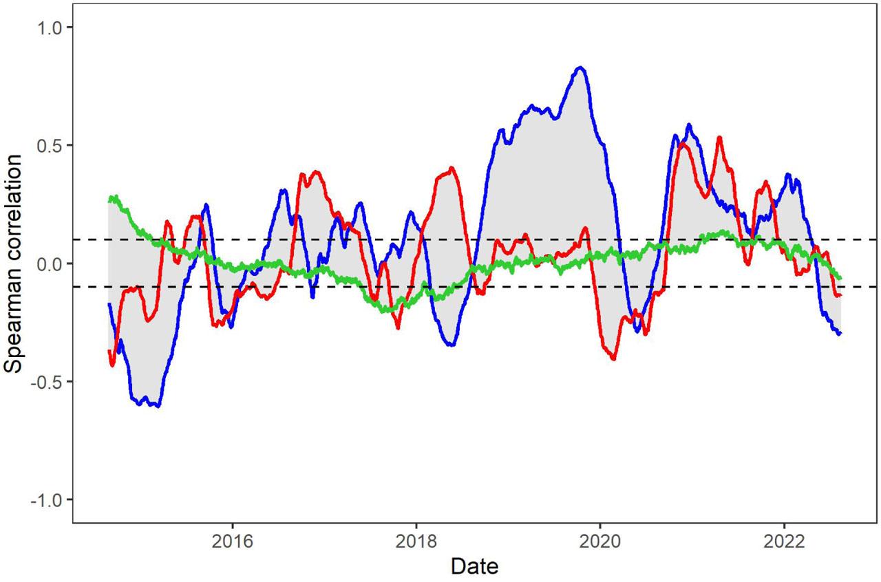 Dynamic Spearman correlation between Bitcoin and MSCI Emerging Markets Index based on Hurst exponents using R/S, DFA and First differences of Hurst exponents in the rolling window of 251 observationsNote: Blue and red lines indicate correlation coefficients based on Hurst exponents using R/S and DFA, respectively. The green line means correlation coefficients based on the first differences of Hurst exponents using R/S. The grey colour indicates the range of the correlation values (minimum, maximum) relative to the time point (x-axis). The correlation coefficients located in the area between two horizontal black dashed lines are statistically insignificant (p-values less than 10%). The date corresponds to the endpoints of the sliding windows for the correlation coefficient. Source: Own calculation