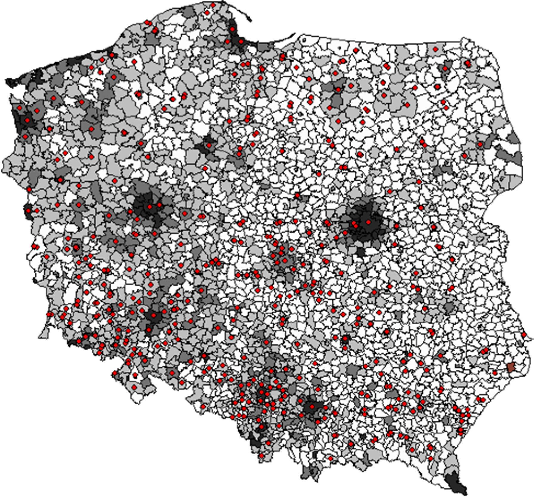 Location of SEZ in comparison with non-SEZ business locations in 2016. Note: Firms per capita in intervals 0–0.1–0.15–0.20–0.5–0.75, from light to dark grey; SEZ are given with circles. Source: The author. The location of SEZ from MR (2017), the density of business from Central Statistical Office www.stat.gov.pl.