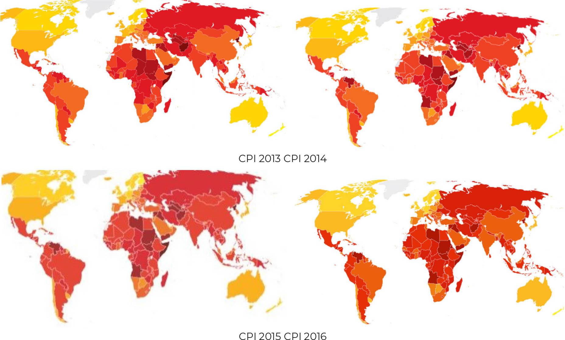 CPI index between 2013 and 2016. Source: Transparency International.www.transparency.org (access 04/05/2019).