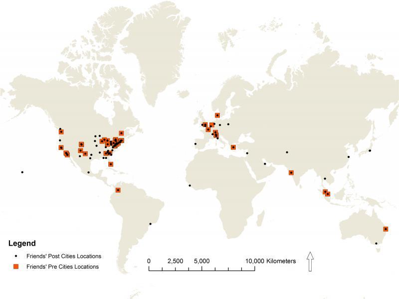 An example map of one ego’s friends’ locations at inception (pre-cities) and at the time of the study (post-cities) shows the spreading of friend locations.