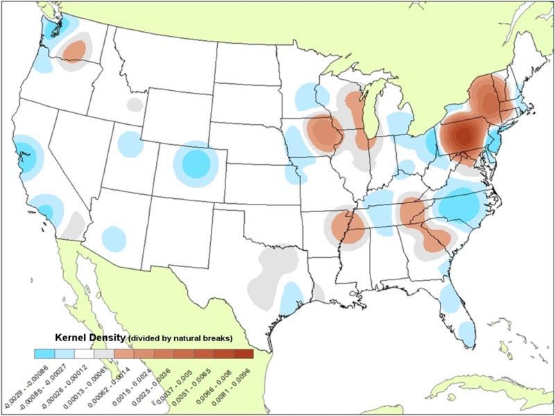 Individuals have fewer alters in red regions and more alters in blue regions over time, illustrating a shift toward coastal locales, North Carolina, and large cities in the West. Hot and cold spots are created using a kernel density function.