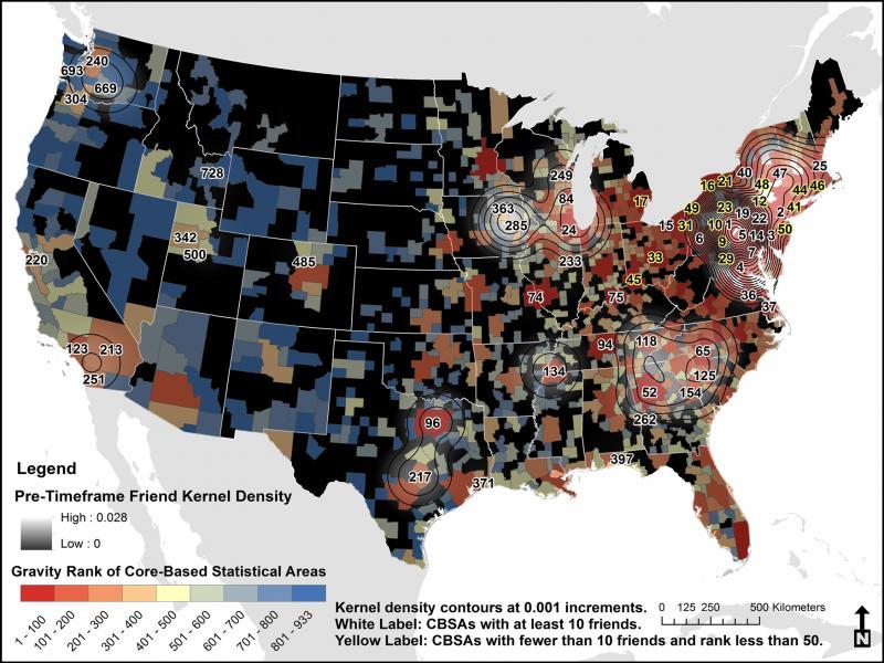 Top cities for ego interaction at the time of friendship inception (as contours and white hot spots) are compared with the top cities for gravity model interaction (as hot and cold colors). Each number represents the rank of the city by its likelihood for interaction, given the gravity model’s prediction. White outlines represent popular cities for friends and yellow outlines represent cities with high theoretical interaction but few friends. Unpopular cities for friendships (marked in yellow) are peripheral to the location of the university.