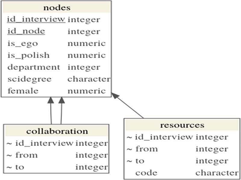 The data consist of three interrelated tables. Table ‘nodes’ contains information about all persons. Table ‘collaboration’ is an edgelist of collaboration ties. Table ‘resources’ is a multiplex edgelist of resource flows.