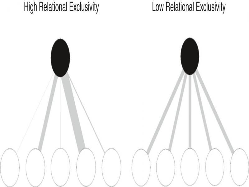 High and low relational exclusivity. Note: Relational exclusivity is an attribute of the black node. Line thickness is proportional to relation intensity.