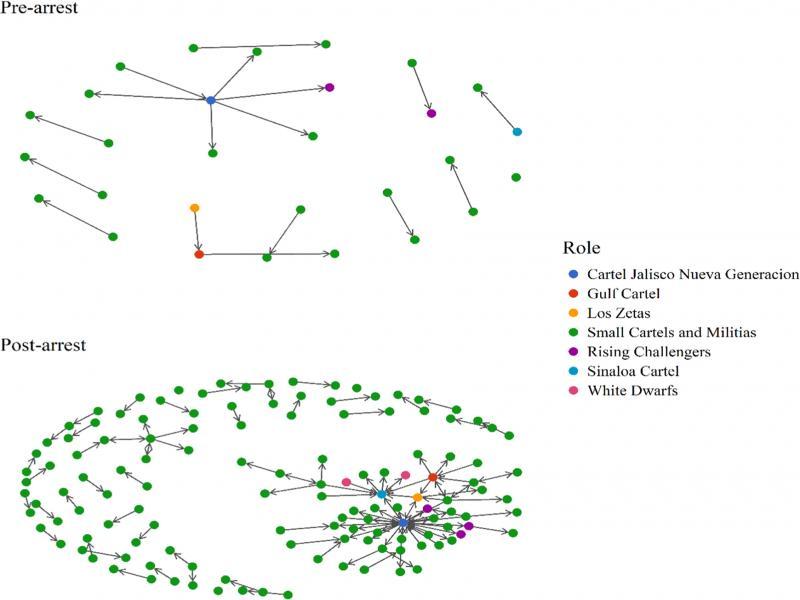 The network of in-fighting among cartels and militias in Mexico. The top panel is the network of interactions among groups in the five years leading up to El Chapo’s arrest and the right side shows interactions in the five years after El Chapo’s arrest. Nodes are colored according to their structurally defined role and it is assumed that interactions that occurred during before El Chapo’s detention persisted after he was arrested.