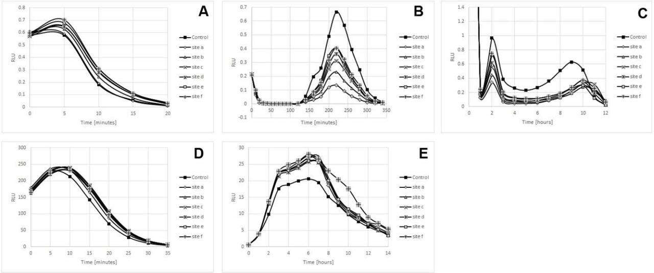 Kinetic luminescence response of bacteria to samples. A is K802NR strain response, B is TV1061 strain response, C is DPD2794 strain response, D is DPD2544 strain response, and E is DPD1718 strain response.