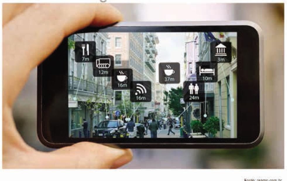 Example of AR indicating local services based on distances from the user. Source: https://reamp.com.br