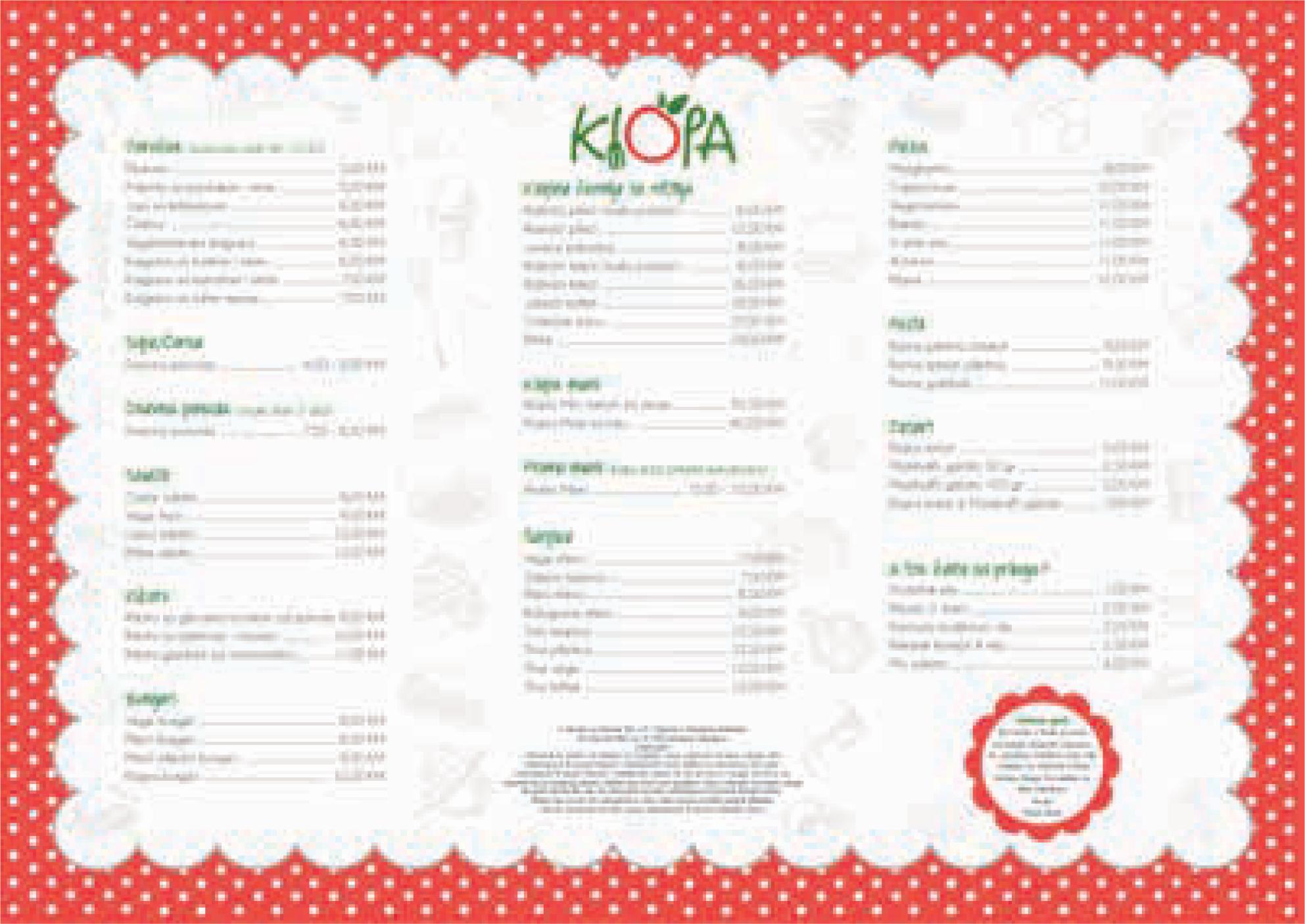 Example of a menu (Klopa restaurant)