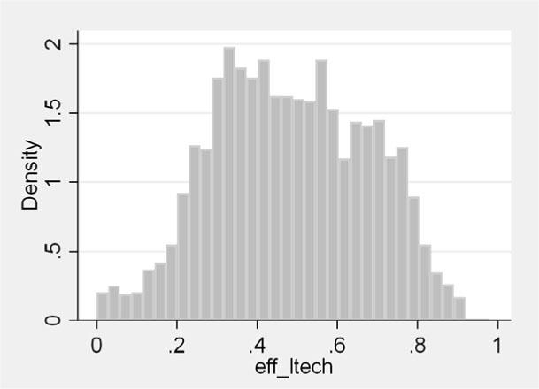 Distribution of technical efficiency for the firms from low-tech sectors with inefficiency determinants