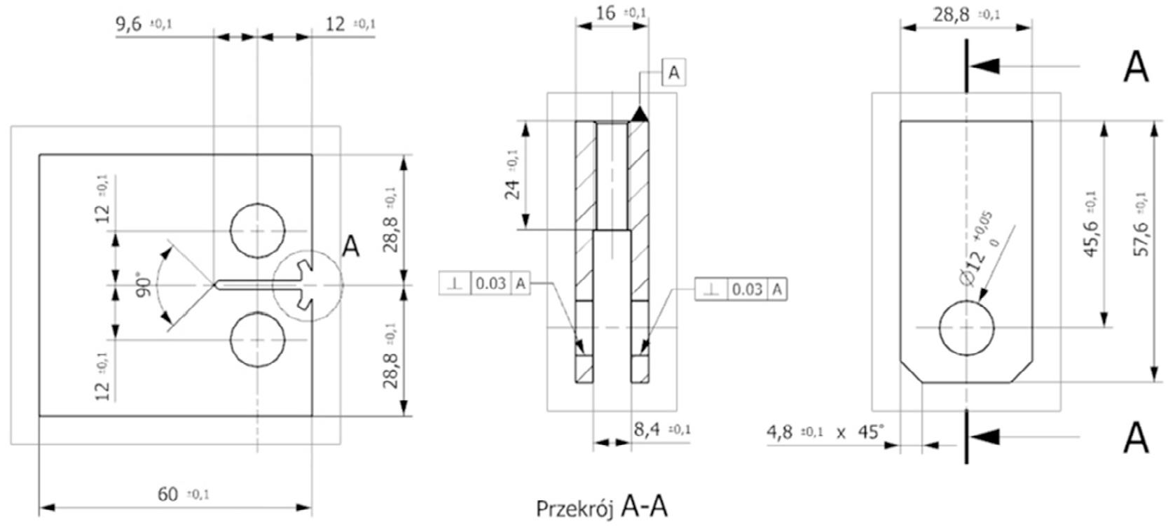 Technical drawing of the CT samples used in the test and the mount