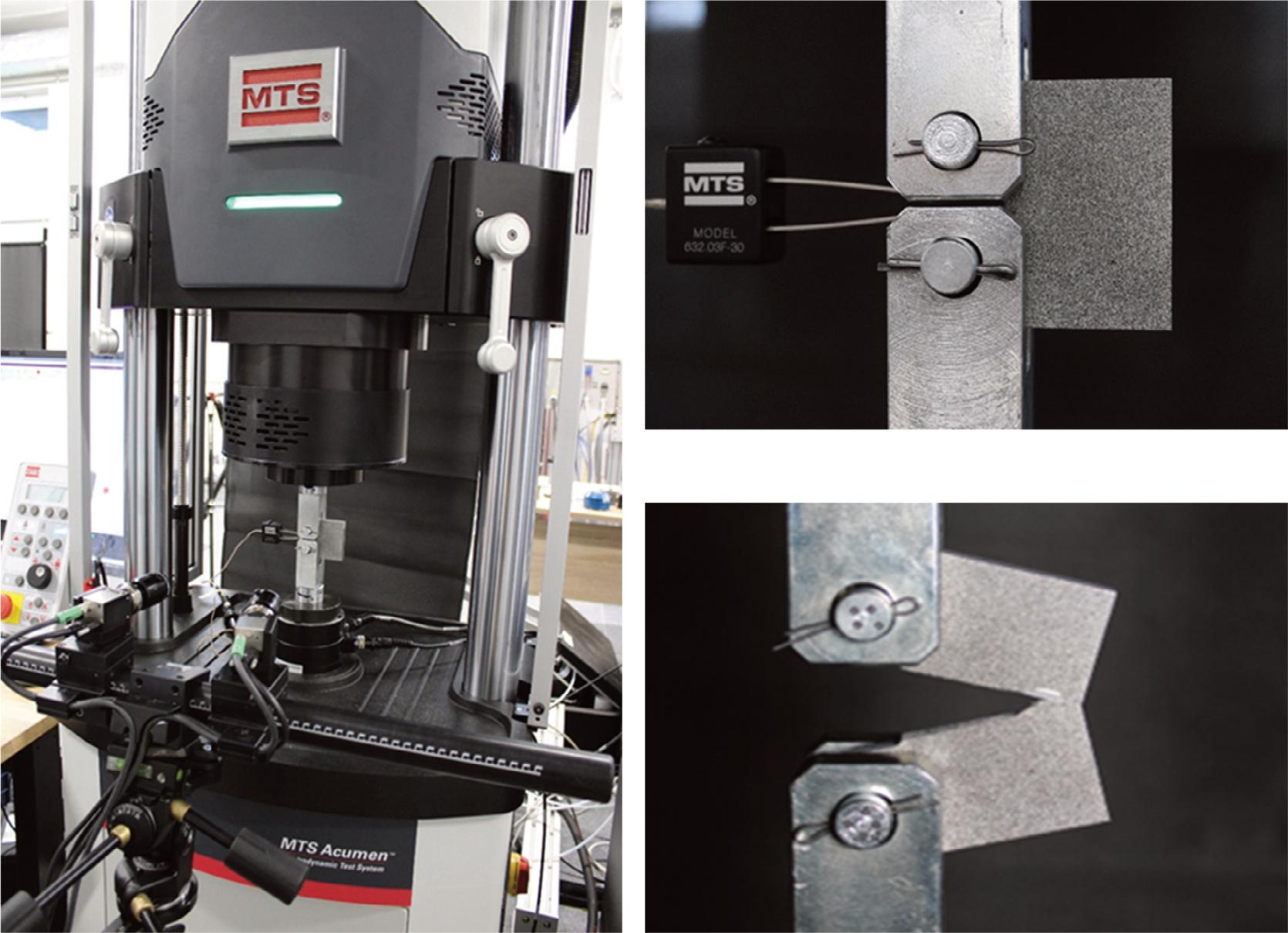 Test specimen mounted in the test stand, shown during (with a COD gauge) and after the test.