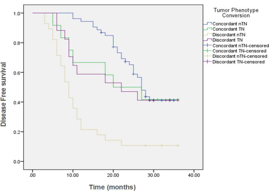 Kaplan Meier curve shows comparison of Disease Free Survival (DFS) in Tumor Phenotype Conversion group.