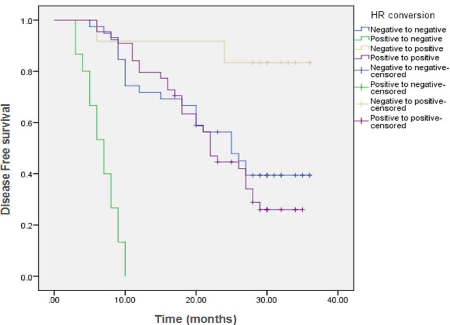 Kaplan Meier curve shows comparison of Overall Survival (OS) in HR conversion group.