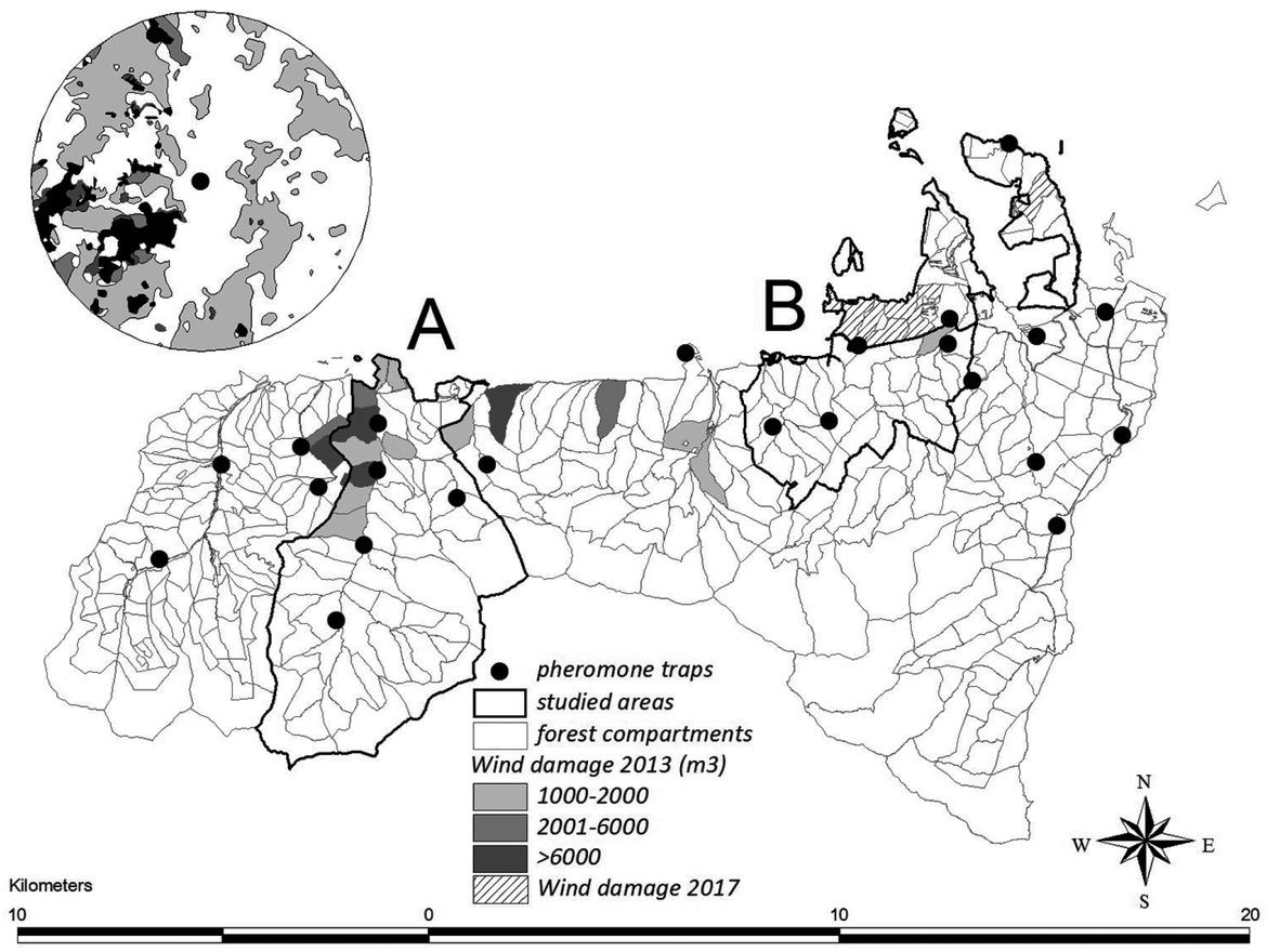 The area of the Tatra National Park with the location of pheromone traps and the “western” and “eastern” areas affected by wind damage used for the analysis; an example of spots with standing dead trees detected in the subsequent years in a circular zone of 500 m around the trap is shown in the upper left corner