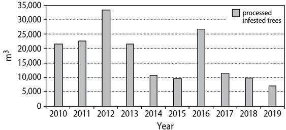 Volume of trees infested by bark beetles processed in the entire active protection zone of the Tatra National Park in the years 2010–2019
