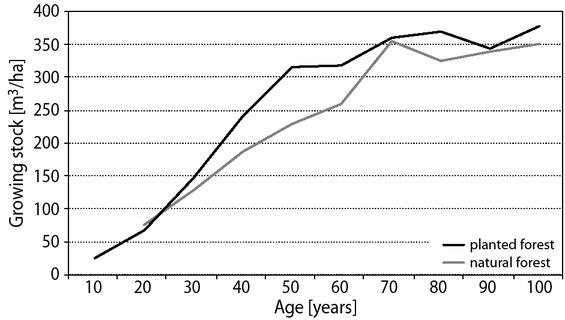 Change of average stocks of stands of natural and artificial origin