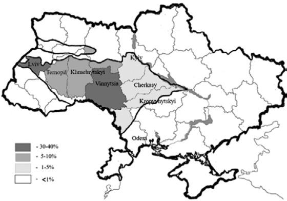 The share of forest genetic reserves and plus stands located within the limits of the Right-Bank Forest-Steppe of Ukraine