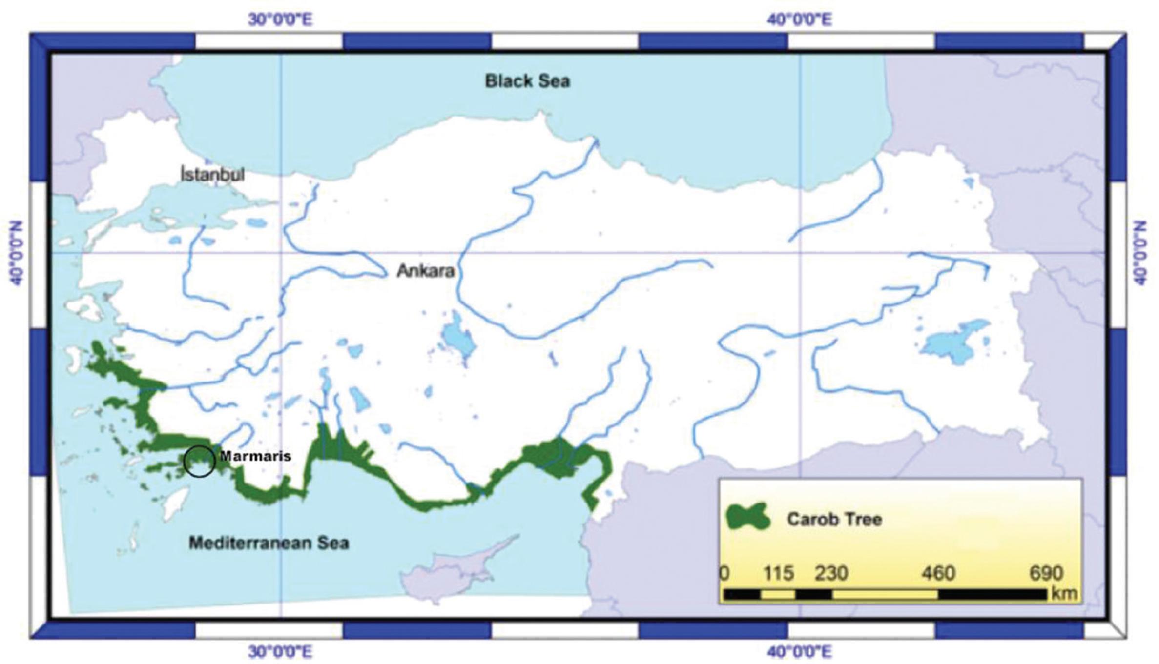 Natural distribution of carob trees in Turkey and our sampling location (Marmaris district) (Sahin and Tasligil, 2016).