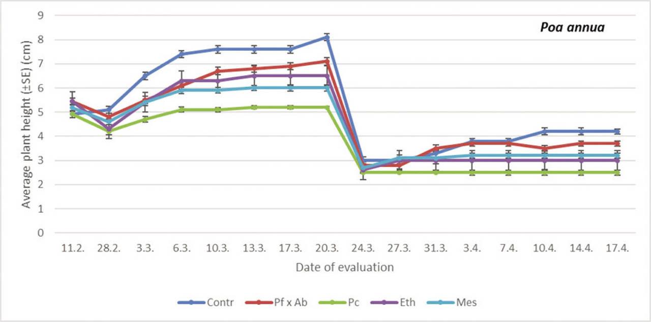 The average plant height on annual bluegrass treated with different PGRs. Within each evaluation date, a comparison was done between different treatments (PGRs; Student-Neuman Keuls at p < 0.05). For comparisons within dates, df = 4.24 (11th February, F = 0.62, p = 0.6526; 28th February, F = 10.38, p < 0.05; 3rd March, F = 12.97, p < 0.05; 6th March, F = 19.11, p < 0.05; 10th March, F = 23.30, p < 0.05; 13th March, F = 24.30, p < 0.05; 17th March, F = 22.24, p < 0.05; 20th March, F = 32.62, p < 0.05; 24th March, F = 13.20, p = 0.0624; 27th March, F = 20.20, p = 0.0523; 31st March, F = 30.30, p < 0.05; 3rd April, F = 26.11, p < 0.05; 7th April, F = 25.13, p < 0.05; 10th April, F = 40.11, p < 0.05; 14th April, F = 52.00, p < 0.05; 17th April, F = 142.37, p < 0.05). df, degrees of freedom; Eth, ethephon; F, F-distribution; Mes, mesotrione; Pc, prohexadione calcium; PGRs, plant growth regulators; SE, standard error.