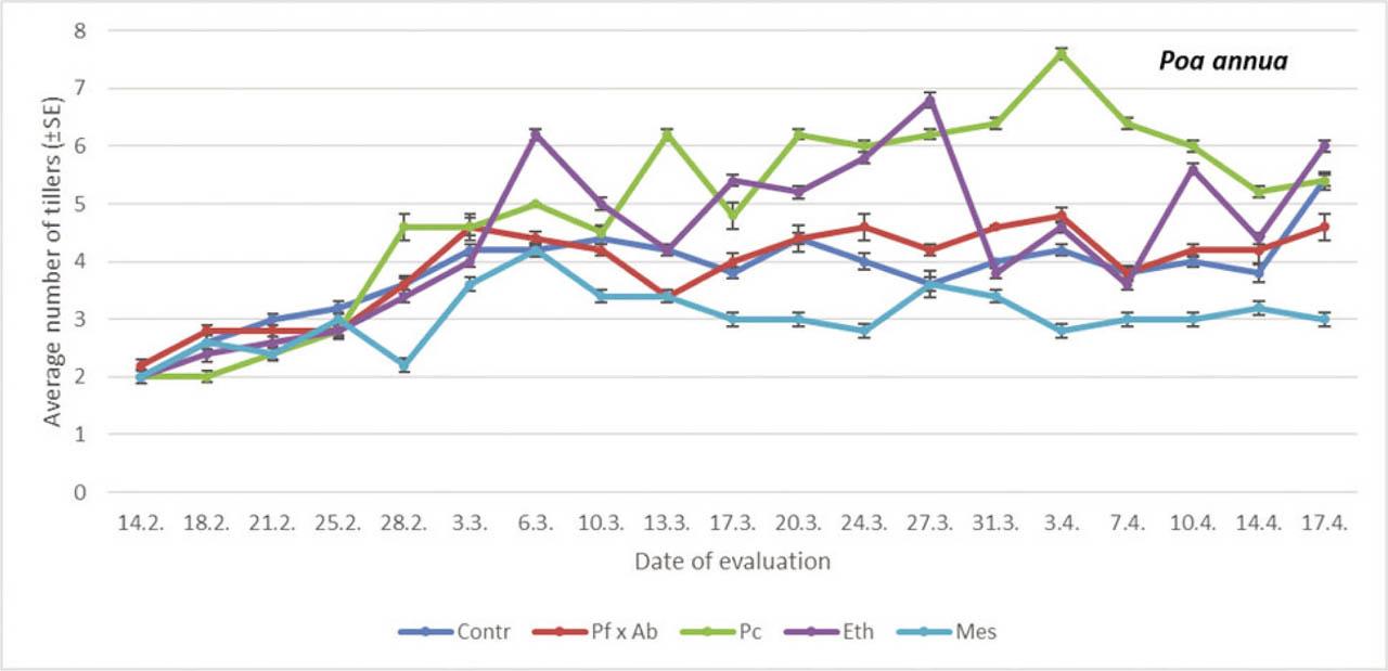 The average number of tillers on annual bluegrass treated with different PGRs. Within each evaluation date, a comparison was done between different treatments (PGRs; Student-Neuman Keuls at p < 0.05). For comparisons within dates, df = 4.24 (14th February, F = 3.02, p = 0.0626; 18th February, F = 0.57, p = 0.0485; 21st February, F = 0.50, p = 0.7360; 25th February, F = 3.30, p = 0.0623; 28th February, F = 30.40, p < 0.05; 3rd March, F = 0.88, p < 0.05; 6th March, F = 4.56, p < 0.05; 10th March, F = 4.23, p < 0.05; 13th March, F = 6.87, p < 0.05; 17th March, F = 5.63, p < 0.05; 20th March, F = 5.63, p < 0.05; 24th March, F = 6.19, p < 0.05; 27th March, F = 23.62 p < 0.05; 31st March, F = 2.71, p < 0.0591; 3rd April, F = 20.11, p < 0.05; 7th April, F = 7.25, p < 0.05; 10th April, F = 81.15, p < 0.05; 17th April, F = 30.11, p < 0.05). df, degrees of freedom; Eth, ethephon; F, F-distribution; Mes, mesotrione; Pc, prohexadione calcium; PGRs, plant growth regulators; SE, standard error.