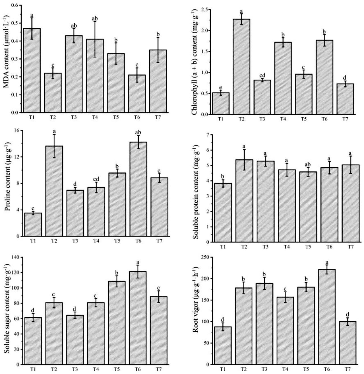 Effects of different combined substrates on physiology and biochemistry indexes of A. cochinchinensis. Different lowercase letters indicate significant differences between treatments (p = 0.05). Error bars represent SD and data in the graphs are the means ± SD. T1: garden soil 100%; T2: garden soil:perlite:coconut bran = 20%:40%:40%; T3: garden soil:coconut bran:vermiculite = 20%:40%:40%; T4: garden soil:vermiculite:peat = 20%:40%:40%; T5: garden soil:perlite:peat = 20%:40%:40%; T6: perlite:coconut bran:vermiculite = 33.33%:33.33%:33.33%; T7: perlite:vermiculite:peat = 33.33%:33.33%:33.33%. SD, standard deviation.