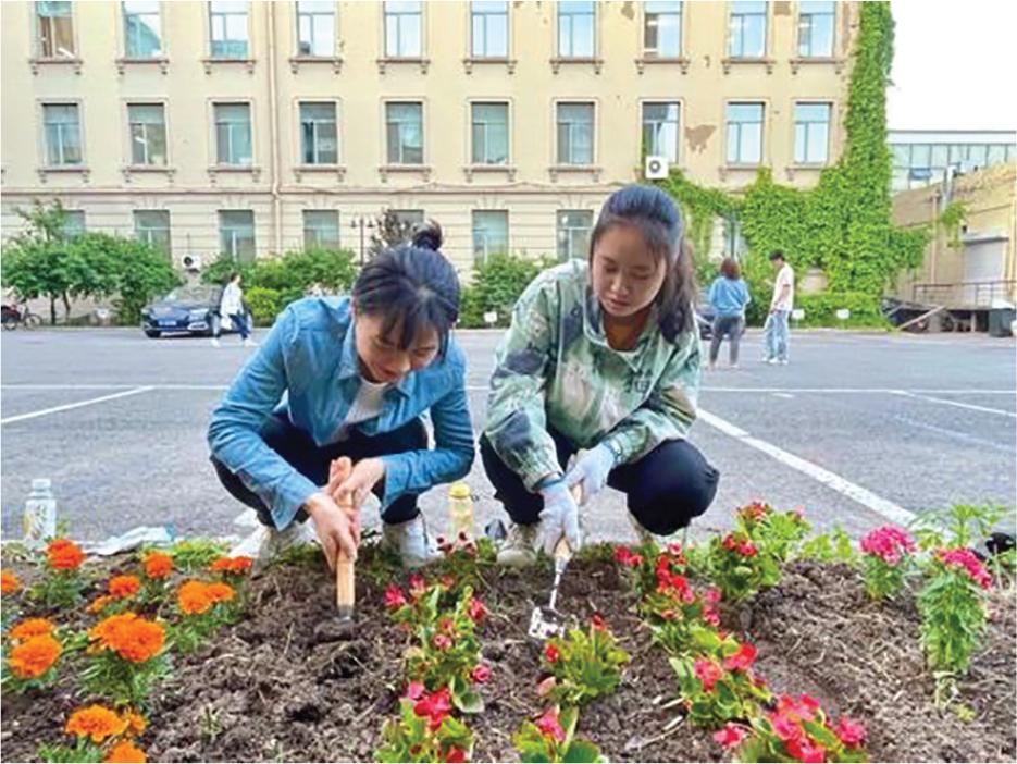 College students engaged in horticultural planting activities.