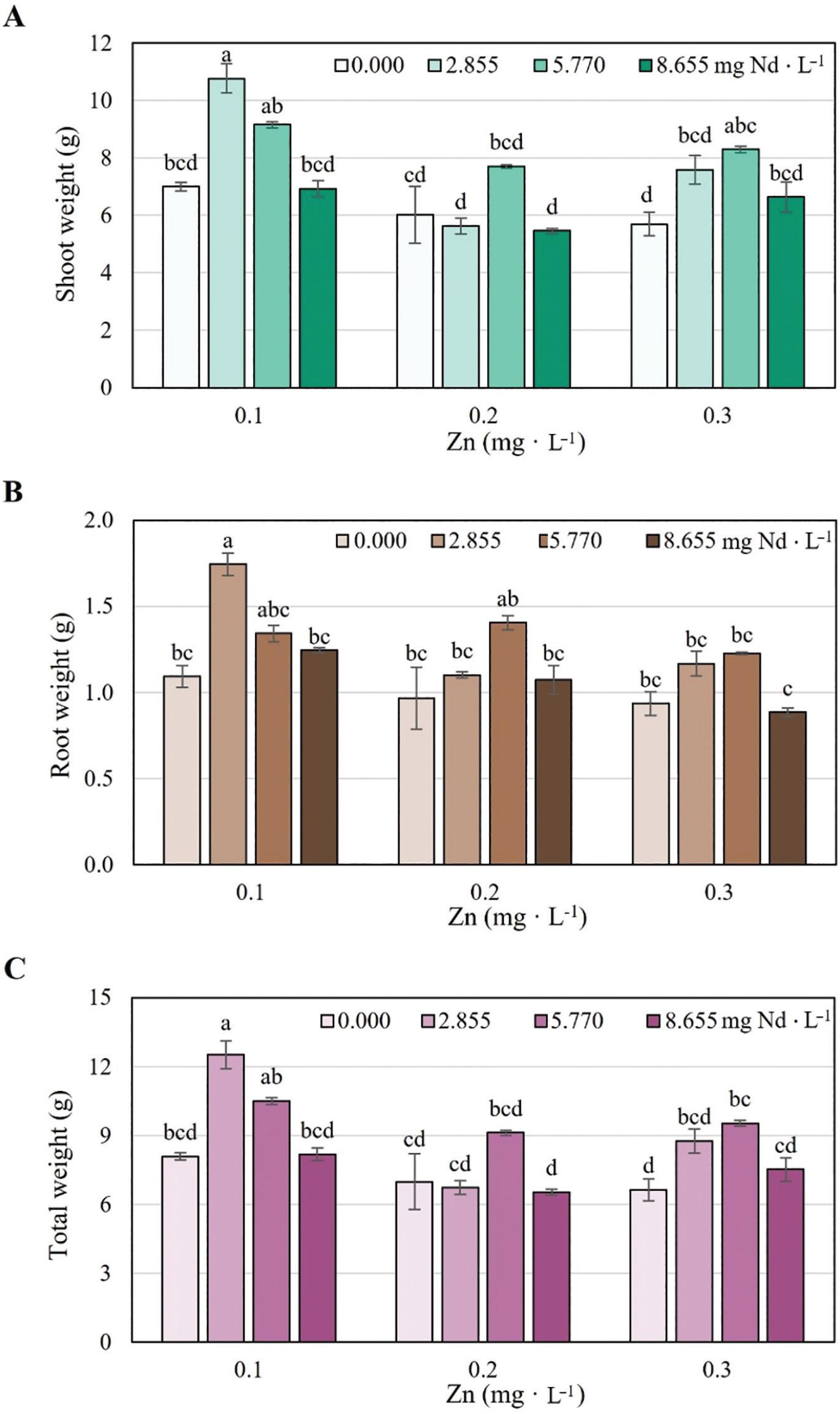 Dry biomass of stem (A), root (B) and total (C) of lettuce (Lactuca sativa) cv. ‘Ruby Sky’ plants treated for 48 days with different concentrations of Nd (0.000, 2.885, 5.770 and 8.655 mg · L−1) and Zn (0.1, 0.2 and 0.3 mg · L−1). Bars ± SD (standard deviation) with different letters in each subfigure indicate significant statistical differences (Tukey, p ≤ 0.05).