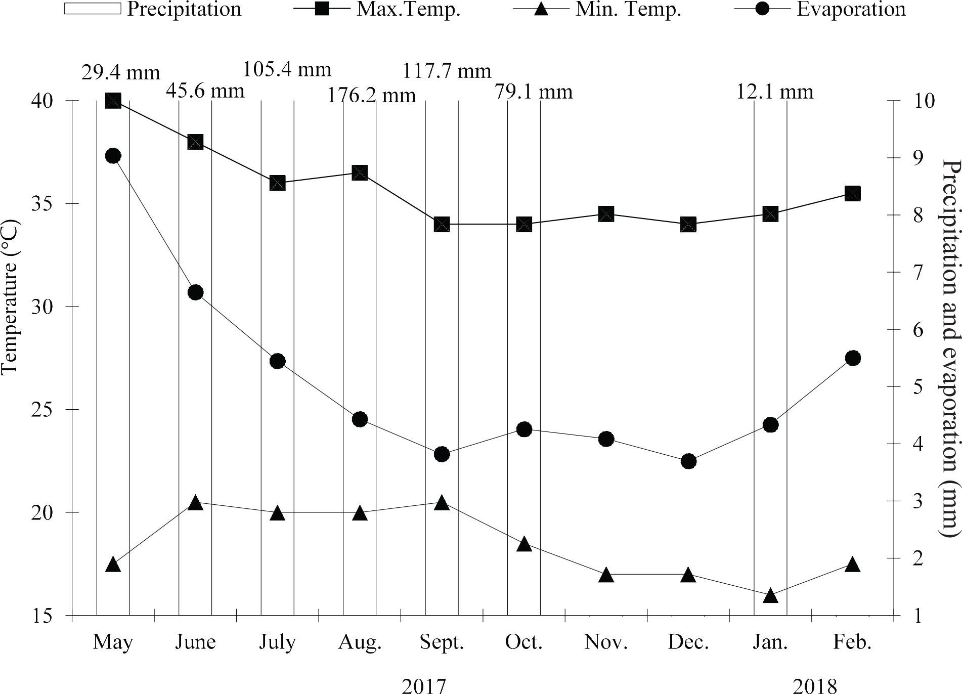 Climatic variation during the 1st experiment.
Source: Department of Hydrometry. Irrigation District 097. CONAGUA. Mexico. Temperature range for papaya 21°C–33°C.