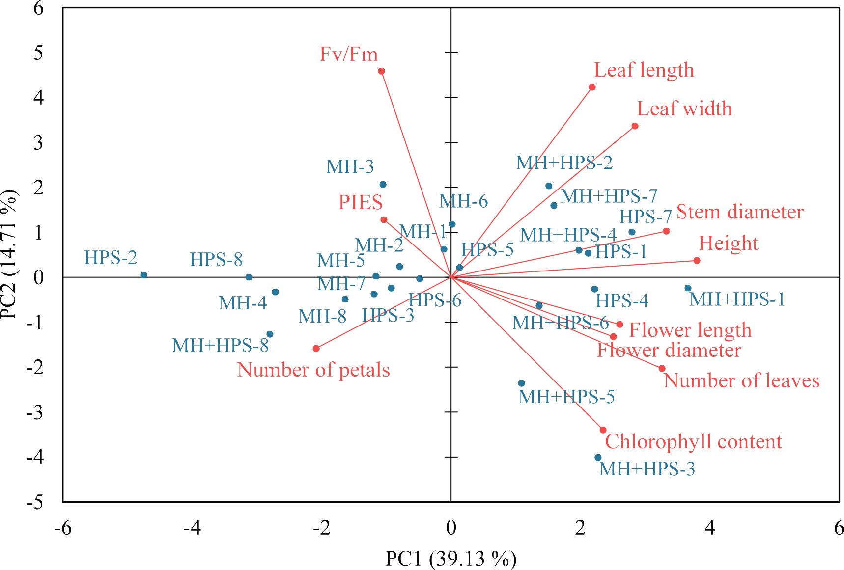 Biplot of PC (PC1 and PC2) for the growth parameters with rose Fv/Fm and chlorophyll content under different supplementary lights. HPS, high-pressure sodium lamps; MH, metal-halide lamps; MH+HPS, metal- halide + high-pressure sodium lamps.