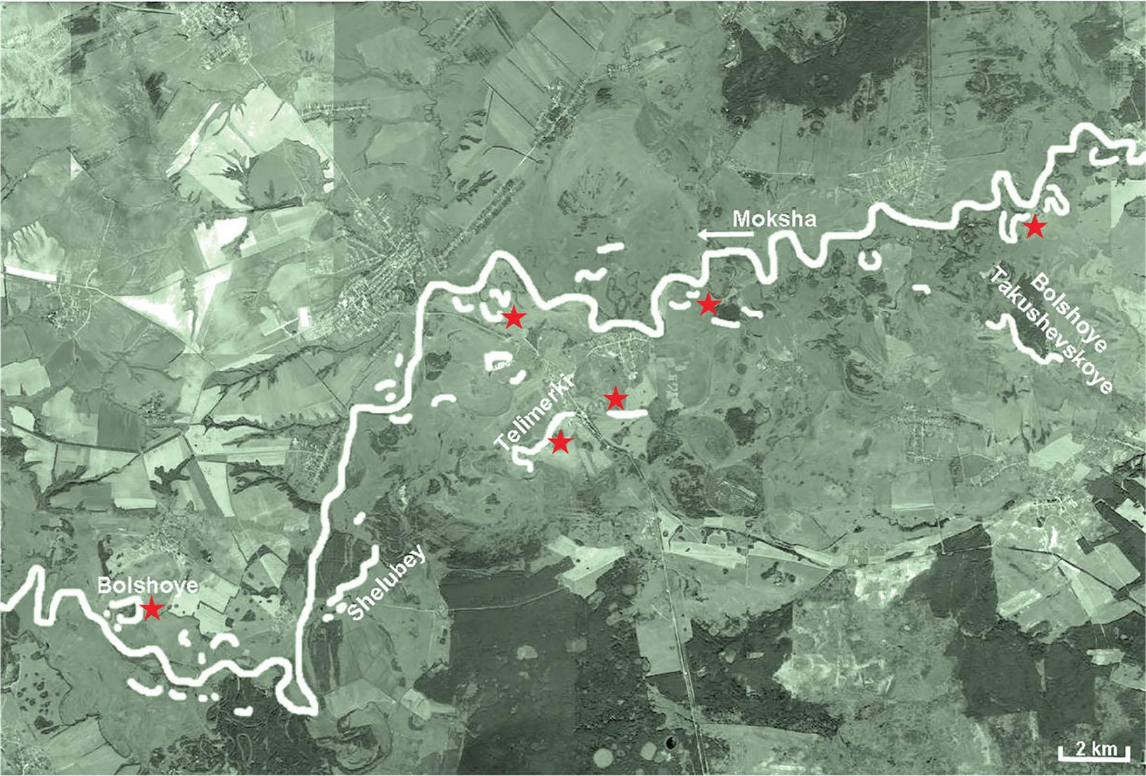 Records of the Russian desman in Tengushevsky District. Note: water bodies are shown in white, ★ – desman registration points.