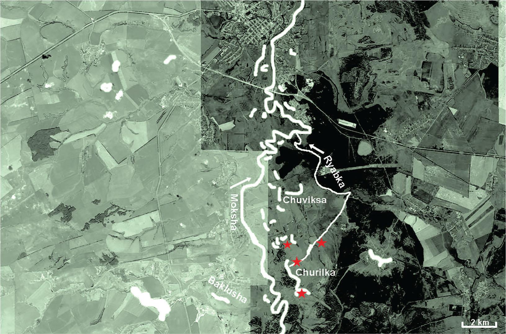 Records of the Russian desman in Krasnoslobodsky District. Note: water bodies are shown in white, ★ – desman registration points.