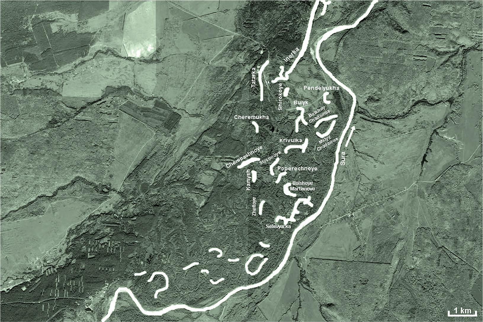 Records of the Russian desman in Kochkurovsky District. Note: water bodies are shown in white.