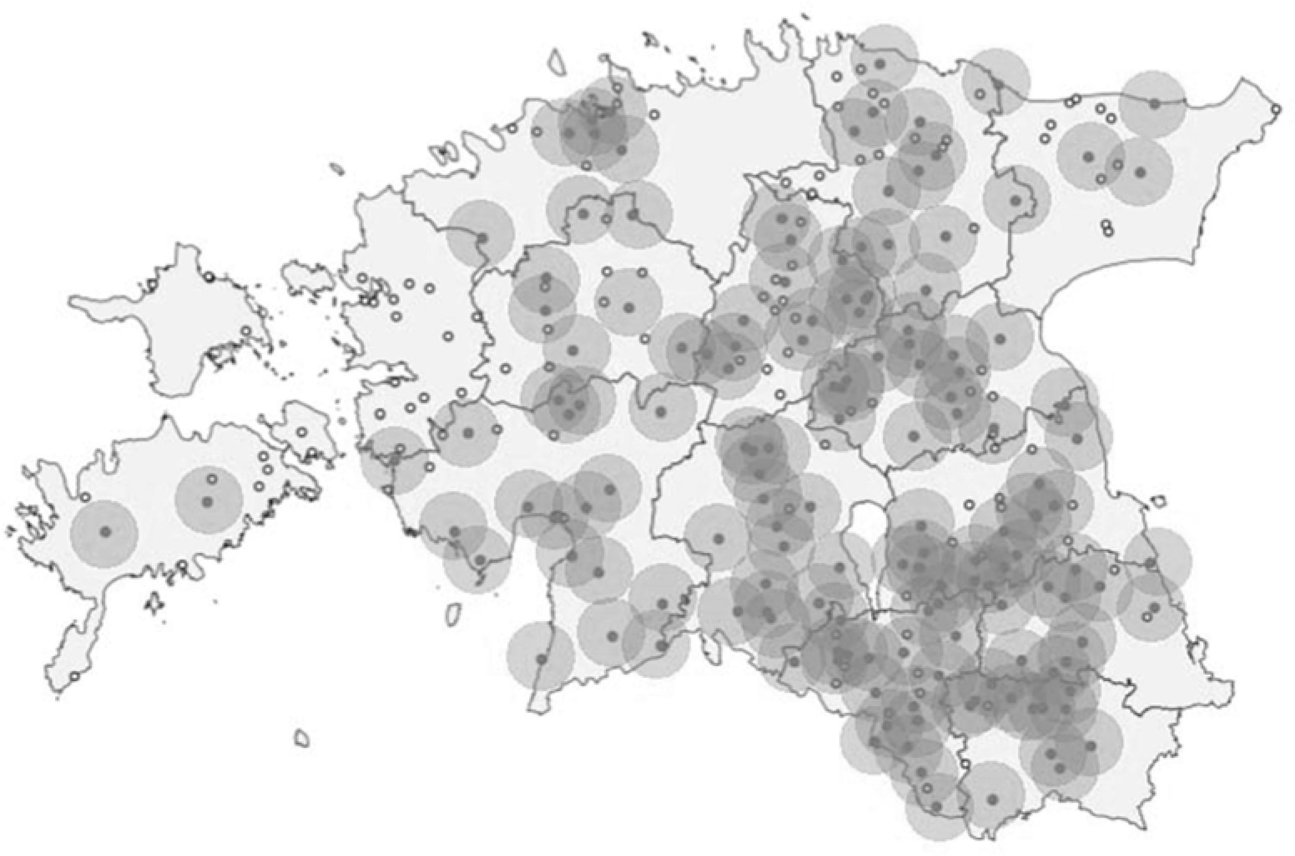 The distribution of an invasive species Abies sibirica (data of 304 parks). There was not a single Abies sibirica in the parks of the southwestern region. Circles mark the places where the species were found (in parks). The closer the circles are to each other, the more there are parks where the species were identified.