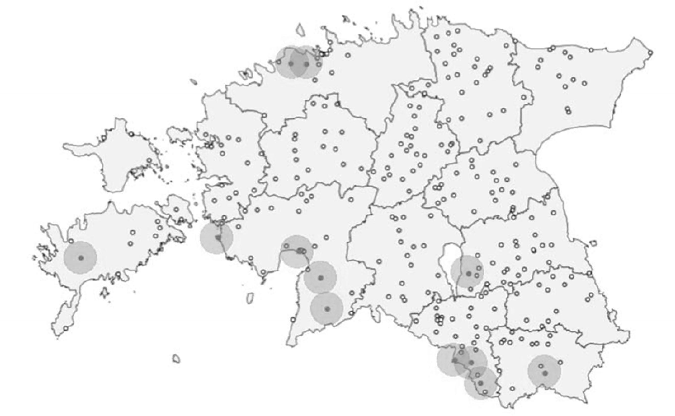 The distribution of an invasive species Robinia pseudoacacia. Only a few samples of Robinia pseudoacacia were found (data of 304 parks).