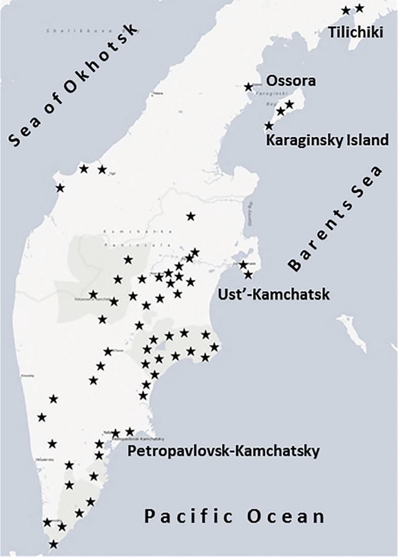 Location of sample areas on the Kamchatka Peninsula.