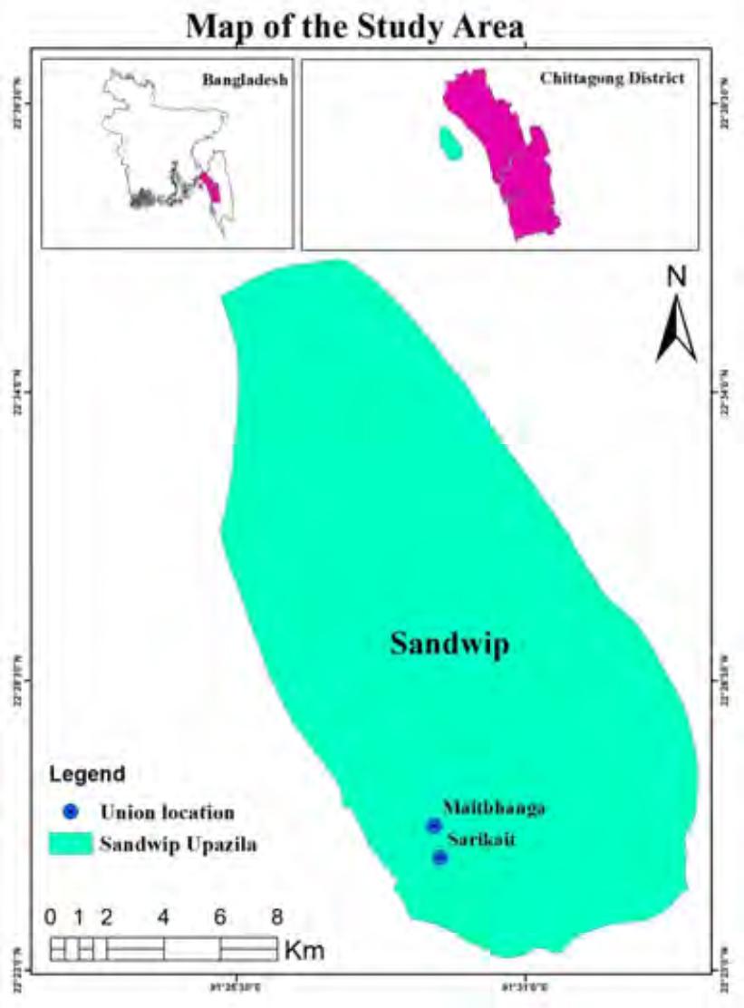 Location of Sandwip Upazila, Chittagong, Bangladesh (study area).