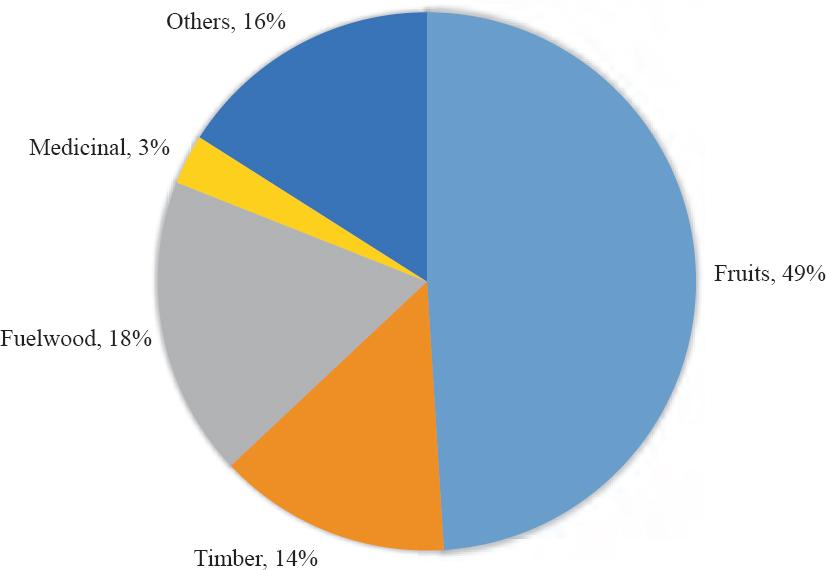 Percentage distribution of fruit and timber species based on their types.