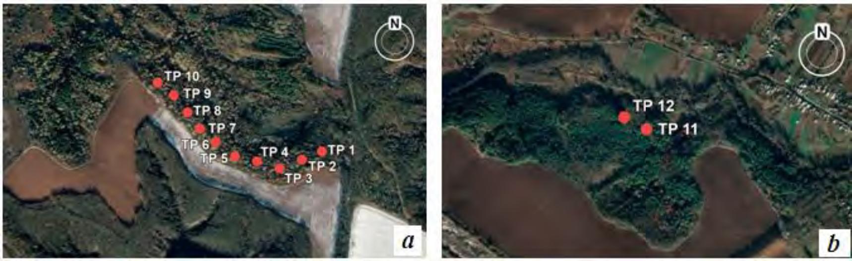 Spurs of the coastal ravines of the “Kaminna” gully (a) and “Kruglyk” unit (b).