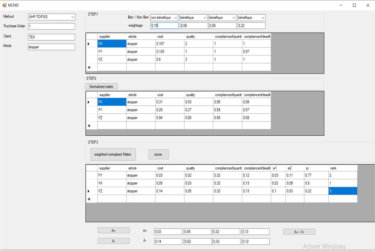 MCDM application interface for supplier selection