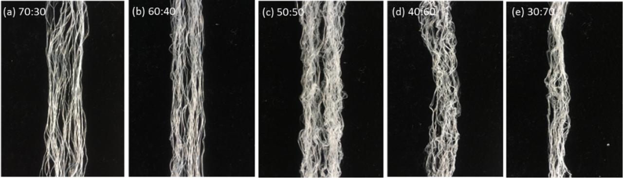 Images of curved H-PET/L-PET SBSBFs after being treated in boiling water with various H-PET:L-PET ratios. (a) 70:30, (b) 60:40, (c) 50:50, (d) 40:60, (e) 30:70)
