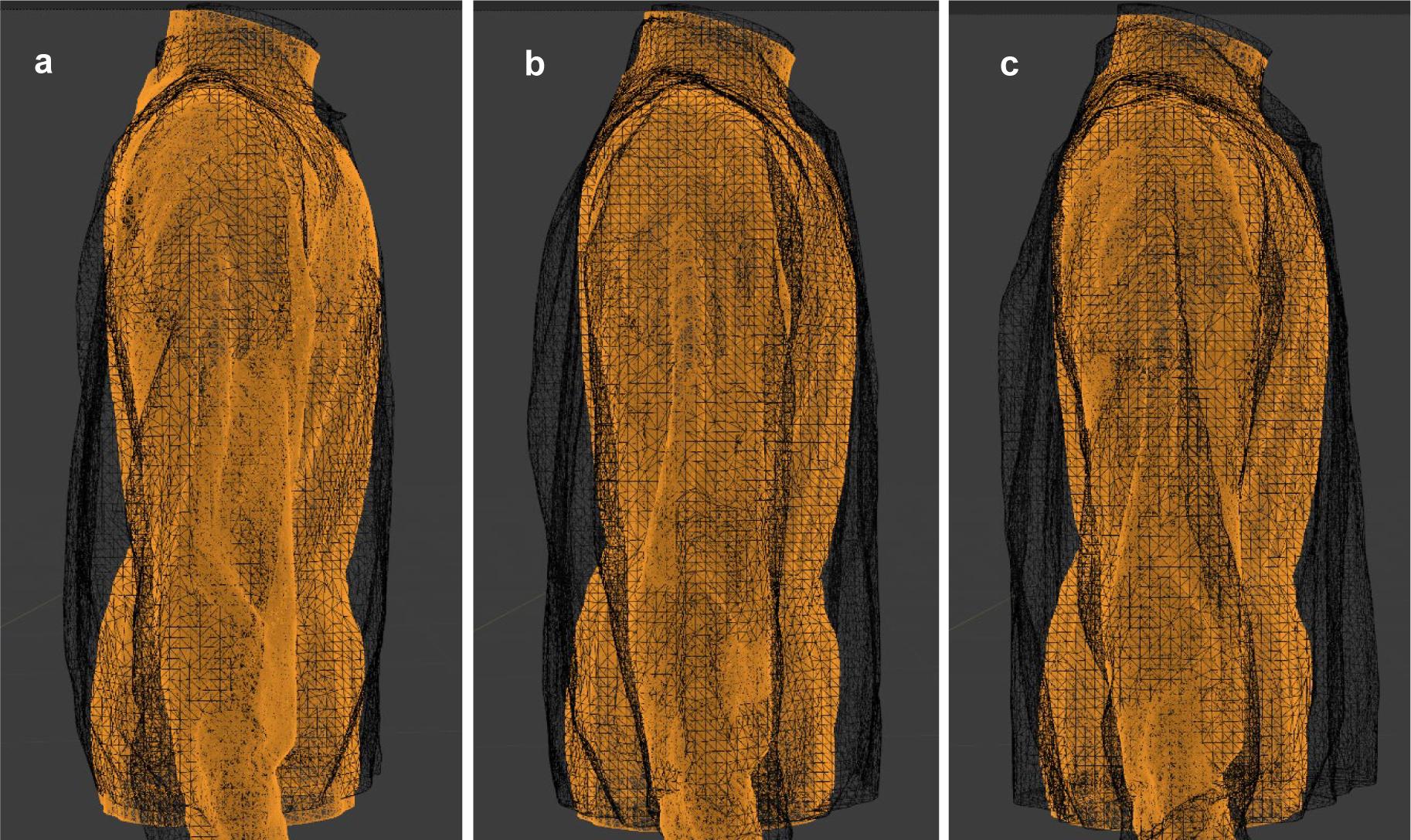 3D scan images of manikin dressed with underwear and set S2 in different variants: a) size 50), b) size 54, c) size 56