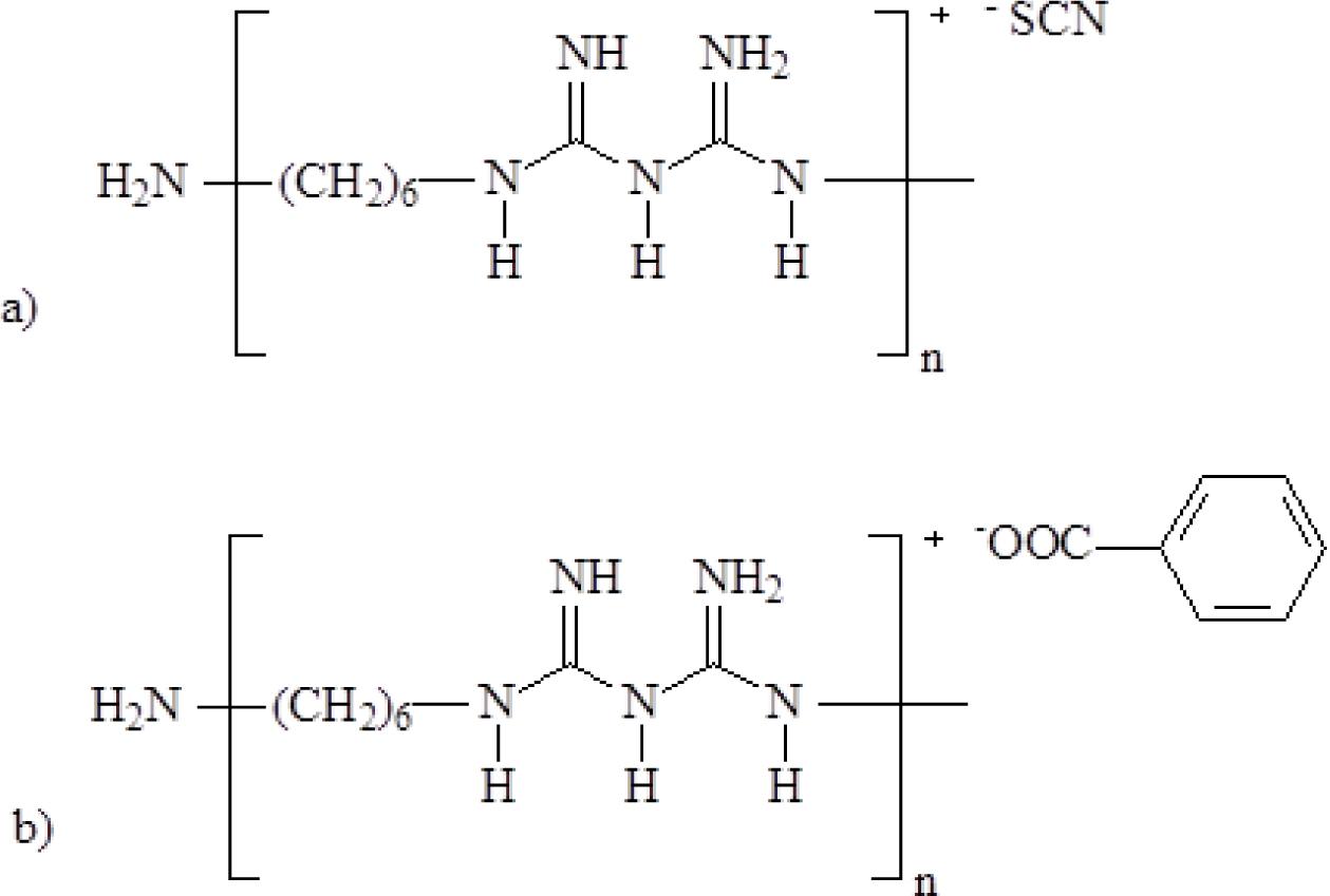 Structural formula of: a) PHMB-SCN; b) PHMB-BS
