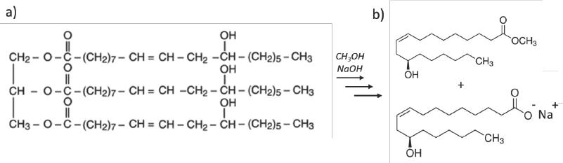 Partially saponified fatty acid methyl esters of castor oil – ZS1 (simplified formula). a) Structure of ricinoleic acid as the main component of castor oil; b) possible products of the transesterification reaction of ricinoleic acid