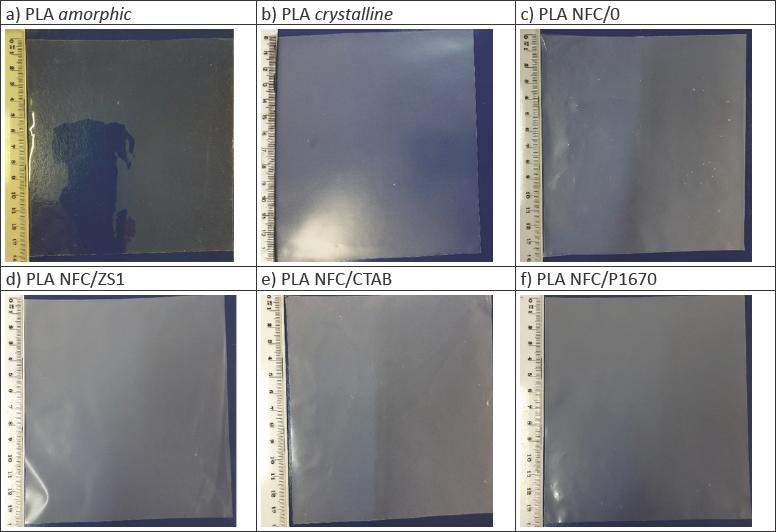 Photos of composite foils (c-f) and reference samples of pure PLA (a-b)